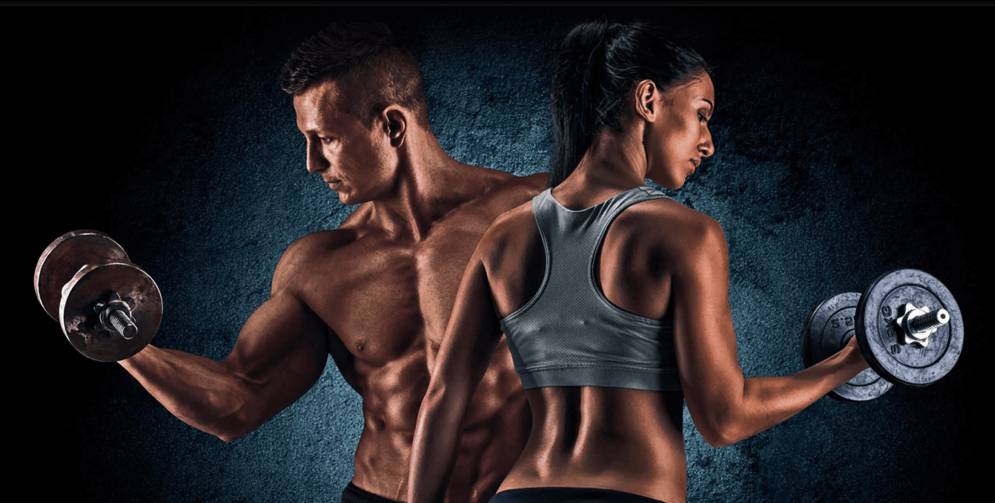 fit man and woman lifting dumbbell banner